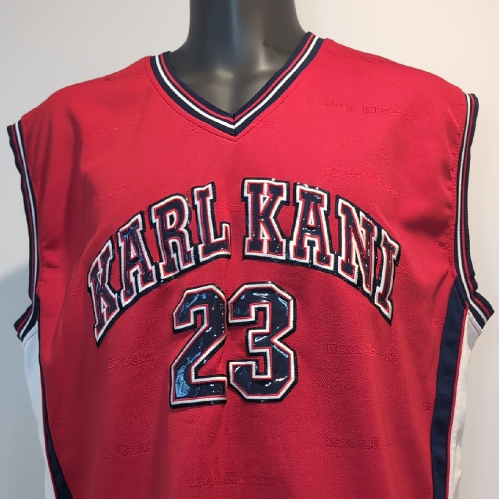 Karl Kani Red Sleeveless Basketball Jersey with Navy Trim